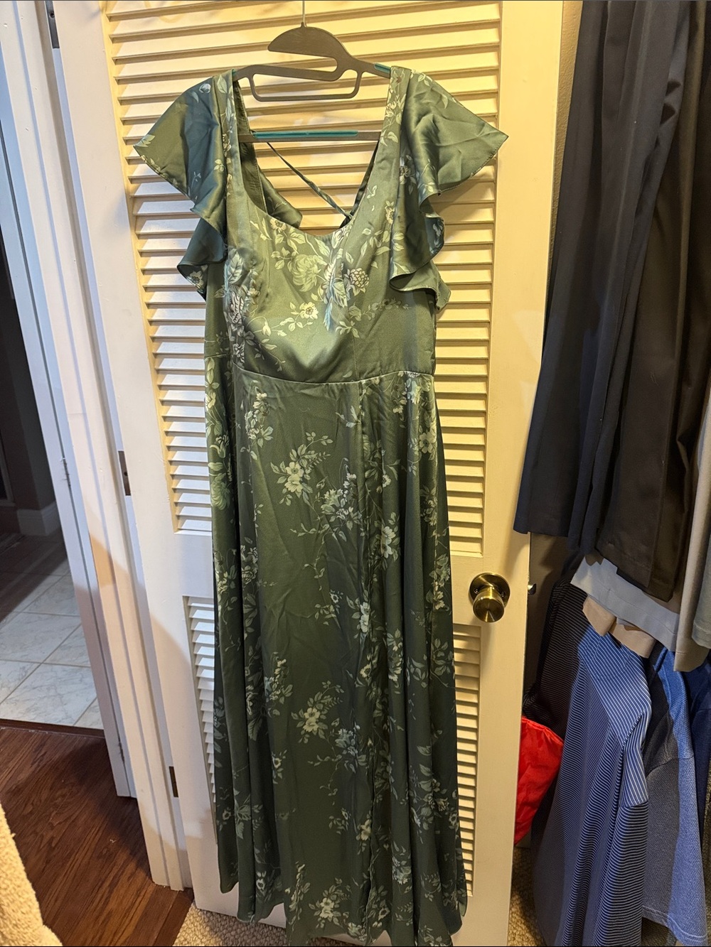 Azazie Olive Green Floral Ruffle Sleeve Maxi Dress